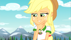 Size: 1100x618 | Tagged: safe, screencap, applejack, equestria girls, g4, my little pony equestria girls: legend of everfree, camp everfree outfits, clothes, cowboy hat, female, freckles, hat, mountain, scenery, solo, stetson, tree