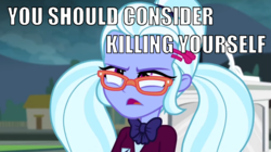 Size: 1132x632 | Tagged: safe, edit, edited screencap, screencap, sugarcoat, equestria girls, g4, my little pony equestria girls: friendship games, abuse, an hero, caption, clothes, crystal prep academy uniform, female, glasses, image macro, implied suicide, kill yourself, meme, necktie, school uniform, solo, text