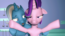 Size: 1920x1080 | Tagged: safe, artist:powdan, starlight glimmer, trixie, pony, unicorn, all bottled up, g4, 3d, annoyed, duo, female, floppy ears, gmod, mare, open mouth, scene interpretation, ship:startrix, shipping, smiling, starlight glimmer is not amused, trixie's puppeteering, unamused