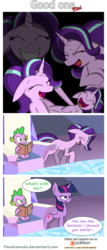 Size: 1800x4200 | Tagged: safe, artist:pandramodo, spike, starlight glimmer, twilight sparkle, alicorn, dragon, pony, celestial advice, g4, 2017, book, comic, cutie map, friendship throne, high res, laughing, laughing tom cruise, patreon, patreon logo, twilight sparkle (alicorn), twilight's castle