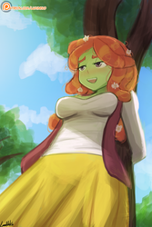 Size: 750x1121 | Tagged: safe, artist:lumineko, tree hugger, human, equestria girls, g4, blushing, clothes, equestria girls-ified, female, flower, flower in hair, humanized, lidded eyes, long skirt, open mouth, patreon, patreon logo, skirt, solo, tree