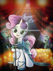 Size: 1500x2000 | Tagged: safe, alternate version, artist:ruhisu, blue note, coloratura, sweetie belle, earth pony, pony, unicorn, g4, beautiful, clothes, dress, ear piercing, earring, female, jewelry, looking at you, lovely, luxor hotel & casino, male, mare, microphone, musical instrument, older, piano, piercing, saxophone, singing, stallion