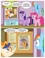 Size: 984x1280 | Tagged: safe, artist:kturtle, dave the intern, ginger locks, pinkie pie, quibble pants, rainbow dash, twilight sparkle, alicorn, earth pony, pegasus, pony, all bottled up, g4, comic, dialogue, escape room, manehattan escapes, twilight sparkle (alicorn)