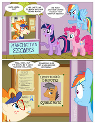 Size: 984x1280 | Tagged: safe, artist:kturtle, dave the intern, ginger locks, pinkie pie, quibble pants, rainbow dash, twilight sparkle, alicorn, earth pony, pegasus, pony, all bottled up, g4, comic, dialogue, escape room, female, male, manehattan escapes, mare, stallion, twilight sparkle (alicorn)