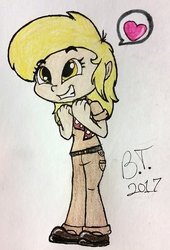 Size: 1024x1506 | Tagged: safe, artist:binkyt11, derpy hooves, doctor caballeron, human, g4, clothes, cosplay, costume, derp, female, heart, human coloration, humanized, pictogram, scarf, solo, traditional art, underp