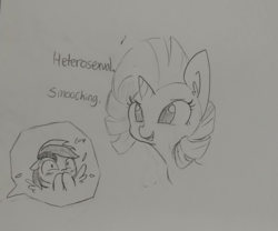 Size: 1280x1065 | Tagged: safe, artist:tjpones, rainbow dash, rarity, pegasus, pony, unicorn, g4, blushing, feather, female, gasp, grayscale, lewd, lineart, mare, monochrome, offscreen character, open mouth, raised eyebrow, shocked, smiling, smirk, spread wings, traditional art, wide eyes, wingboner, wings