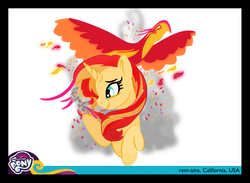 Size: 948x695 | Tagged: safe, artist:rem-ains, sunset shimmer, phoenix, pony, unicorn, g4, card, crying, my little pony create a card, my little pony create a card contest