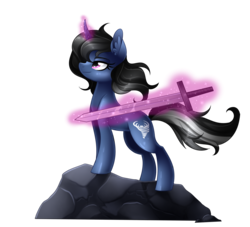 Size: 2369x2155 | Tagged: safe, artist:scarlet-spectrum, oc, oc only, oc:procelle, pony, unicorn, commission, female, high res, levitation, magic, mare, rock, simple background, solo, sword, telekinesis, transparent background, weapon