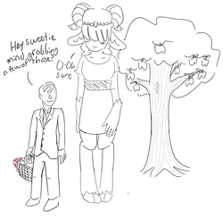 Size: 731x717 | Tagged: safe, artist:heretichesh, oc, oc only, oc:anon, oc:ariana, satyr, apple tree, basket, father and daughter, offspring, parent:arimaspi, picnic basket, tree