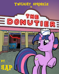 Size: 800x1000 | Tagged: safe, artist:hap-sunshine, oc, oc only, oc:twilight sprinkle, pony, unicorn, fanfic:the donutier, chef's hat, donut, fanfic, fanfic art, fanfic cover, female, food, hair bun, hat, mare, not twilight sparkle, open/closed sign, raised hoof, solo, store