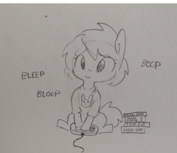 Size: 1280x1106 | Tagged: safe, artist:tjpones, oc, oc only, earth pony, pony, horse game, bleep, bloop, boop, clothes, controller, grayscale, lineart, monochrome, shirt, sitting, solo, traditional art, video game