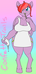 Size: 1569x3193 | Tagged: safe, artist:glacierfrostclaw, oc, oc only, oc:confetti trails, pegasus, anthro, apron, batter, cake batter, clothes, female, food, frosting, mare, taste test, wooden spoon