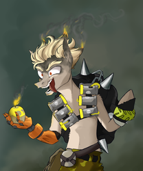Size: 1500x1800 | Tagged: safe, artist:tabu-rat, pony, amputee, artificial hands, bipedal, bomb, crazy face, crossover, faic, fire, hand, insanity, junkrat, male, on fire, overwatch, ponified, prosthetic limb, prosthetics, shoulder fluff, shrunken pupils, solo, stallion, tongue out, weapon