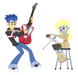 Size: 701x676 | Tagged: safe, artist:cloudy glow, artist:mpnoir, edit, derpy hooves, flash sentry, equestria girls, g4, best friends, duo, electric guitar, female, guitar, male, musical instrument, musical saw