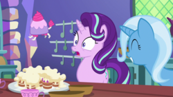 Size: 731x411 | Tagged: safe, screencap, starlight glimmer, teacup poodle, trixie, pony, all bottled up, g4