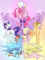 Size: 2158x2818 | Tagged: safe, artist:scottishnumpty, applejack, fluttershy, pinkie pie, rainbow dash, rarity, twilight sparkle, alicorn, pony, g4, balloon, chest fluff, ear fluff, floating, high res, mane six, spread wings, then watch her balloons lift her up to the sky, twilight sparkle (alicorn), unshorn fetlocks, wings
