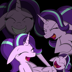 Size: 1698x1699 | Tagged: artist:pandramodo, black background, cropped, edit, eyes closed, female, floppy ears, kek, laughing, laughing tom cruise, lmao, lol, mare, open mouth, pony, safe, simple background, solo, starlight glimmer, unicorn