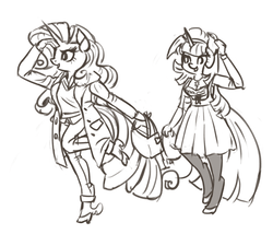 Size: 1000x855 | Tagged: safe, artist:king-kakapo, rarity, twilight sparkle, unicorn, anthro, unguligrade anthro, g4, clothes, female, mare, monochrome, sketch, unshorn fetlocks