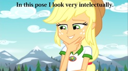 Size: 1100x618 | Tagged: safe, edit, edited screencap, screencap, applejack, equestria girls, g4, my little pony equestria girls: legend of everfree, camp everfree outfits, female, freckles, funny, hat, mountain, parody, solo, tree