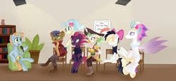 Size: 4043x1883 | Tagged: safe, artist:appleychu, capper dapperpaws, captain celaeno, princess skystar, queen novo, songbird serenade, tempest shadow, oc, oc:harmony star, alicorn, pegasus, pony, seapony (g4), unicorn, anthro, plantigrade anthro, g4, my little pony: the movie, alicorn oc, anthro with ponies, bookshelf, broken horn, chair, commission, female, high res, hoof shoes, horn, interview, male, mare, microphone, ponified, sitting, stallion