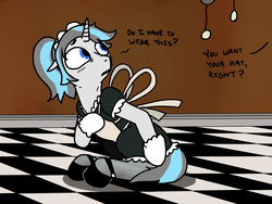 Size: 2400x1800 | Tagged: safe, artist:pony quarantine, oc, oc only, unnamed oc, pony, unicorn, apron, clothes, crossdressing, dialogue, embarrassed, hat, looking back, maid, male, shadow, shoes, simple background, sitting, stockings, thigh highs, tile, two toned mane