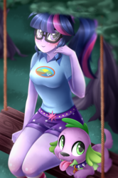 Size: 2786x4200 | Tagged: safe, artist:scarlet-spectrum, sci-twi, spike, spike the regular dog, twilight sparkle, dog, equestria girls, g4, my little pony equestria girls: legend of everfree, blushing, camp everfree outfits, clothes, cute, duo, female, glasses, high res, looking at you, male, open mouth, open smile, scenery, shorts, sitting, smiling, smiling at you, spikabetes, swing, thunder thighs, tongue out, tree, twiabetes, wide hips