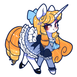 Size: 800x800 | Tagged: safe, artist:snow angel, oc, oc only, pony, unicorn, bow, clothes, curly mane, dress, eyeshadow, female, hair bow, lolita fashion, long mane, looking at you, makeup, mare, shoes, simple background, smiling, solo, transparent background, walking