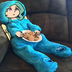 Size: 1080x1080 | Tagged: safe, artist:/d/non, oc, oc only, oc:drizzle, satyr, cookie, couch, female, food, offspring, onesie, parent:zephyr breeze