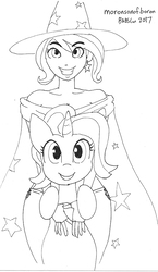 Size: 523x900 | Tagged: safe, artist:moronsonofboron, starlight glimmer, trixie, human, g4, cape, clothes, hat, humanized, trixie's cape, trixie's hat