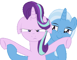 Size: 2944x2293 | Tagged: safe, artist:cyanlightning, starlight glimmer, trixie, pony, unicorn, all bottled up, g4, animated, annoyed, bedroom eyes, bipedal, duo, duo female, eyebrow wiggle, female, floppy ears, frown, gif, high res, lidded eyes, loop, mare, missing accessory, simple background, smiling, starlight glimmer is not amused, transparent background, trixie's puppeteering, unamused, underhoof
