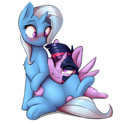 Size: 2400x2400 | Tagged: safe, artist:captainpudgemuffin, trixie, twilight sparkle, alicorn, pony, unicorn, g4, blushing, cheek fluff, chest fluff, commission, cuddling, cute, diatrixes, female, grin, high res, lesbian, mare, no pupils, one eye closed, ship:twixie, shipping, simple background, smiling, squishy cheeks, twilight sparkle (alicorn), wink