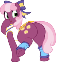 Size: 1200x959 | Tagged: safe, artist:brianblackberry, edit, cheerilee, earth pony, pony, g4, :o, bottomless, bow, butt, cheerileeder, cheerleader, clothes, dock, female, flowerbutt, hair bow, large butt, leg warmers, looking back, mare, open mouth, partial nudity, plot, raised hoof, raised leg, simple background, solo, the ass was fat, transparent background, underhoof