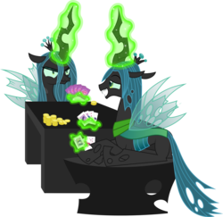 Size: 3158x3071 | Tagged: safe, artist:audiobeatzz, queen chrysalis, twilight sparkle, oc, oc:prince necromorph, changeling, g4, card, coin, high res, magic, male, playing card, prone, siblings, simple background, transparent background, vector