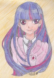 Size: 1390x2011 | Tagged: safe, artist:calestayumi, twilight sparkle, human, g4, clothes, female, humanized, solo, traditional art