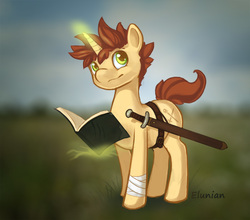 Size: 1000x880 | Tagged: safe, artist:elunian, oc, oc only, oc:katien, pony, unicorn, bandage, book, female, glowing horn, horn, looking at you, magic, mare, smiling, sword, weapon