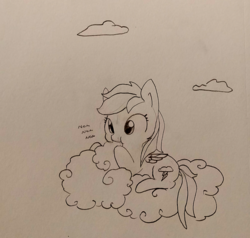 Size: 1280x1219 | Tagged: safe, artist:tjpones, rainbow dash, pegasus, pony, g4, black and white, cloud, eating, female, grayscale, lineart, monochrome, nom, sitting on a cloud, sketch, solo, traditional art