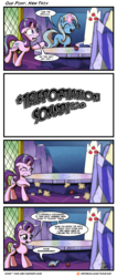Size: 2697x6365 | Tagged: safe, artist:gray--day, starlight glimmer, trixie, pony, unicorn, all bottled up, g4, absurd resolution, apple, comic, cutie map, dialogue, female, food, friendship throne, looney tunes, mare, smiling, speech bubble