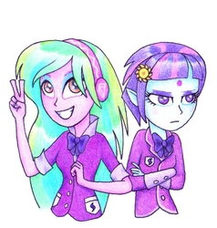 Size: 1031x1085 | Tagged: safe, artist:maran-zelde, lemon zest, sunny flare, fanfic:sunny days and pink lemonade, equestria girls, g4, alternate universe, annoyed, crossed arms, duo, duo female, fanfic, fanfic art, female, peace sign, pointed ears, traditional art