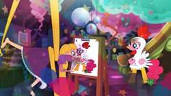 Size: 1024x576 | Tagged: safe, artist:autumn-opaline, gummy, pinkie pie, earth pony, human, g4, animal costume, balloon, barefoot, cake, chicken pie, chicken suit, clothes, costume, crossover, disco ball, disney, feet, food, graph, hat, party, party hat, party hats, pascal, plate, rapunzel, slide, tangled (disney)