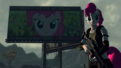 Size: 1360x768 | Tagged: safe, artist:facelesssoles, pinkie pie, earth pony, pony, anthro, fallout equestria, g4, 3d, anthro with ponies, big brother, billboard, clothes, fallout, fallout: new vegas, fanfic, fanfic art, female, forever, game mod, gun, hooves, looking at you, mare, ministry mares, ministry of morale, outdoors, pinkie pie is watching you, propaganda, rifle, smiling, solo, text, weapon