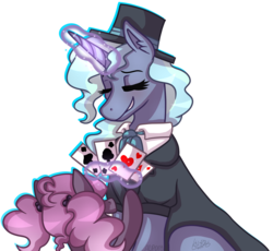 Size: 961x884 | Tagged: safe, artist:artistcoolpony, artist:monnarcha, oc, oc only, oc:illusion, oc:nightfall, pony, unicorn, card trick, clothes, female, hat, hoers, magic trick, magical lesbian spawn, mare, offspring, parent:starlight glimmer, parent:trixie, parents:startrix, playing card, simple background, solo, top hat, transparent background