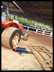 Size: 1728x2304 | Tagged: safe, artist:krazykari, applejack, human, g4, apple, cellphone, clothes, cosplay, costume, food, irl, irl human, phone, photo, sitting, solo, tractor