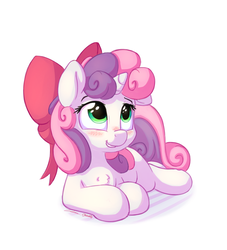 Size: 1000x1100 | Tagged: safe, artist:bobdude0, artist:zapplebow, sweetie belle, pony, unicorn, g4, blushing, bow, collaboration, cute, diasweetes, female, filly, foal, hair bow, hnnng, prone, simple background, smiling, solo, white background