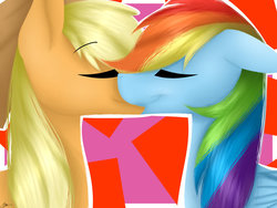 Size: 1024x768 | Tagged: safe, artist:sunshinefiddle, applejack, rainbow dash, earth pony, pegasus, pony, g4, abstract background, duo, eyes closed, female, kiss on the lips, kissing, lesbian, mare, ship:appledash, shipping