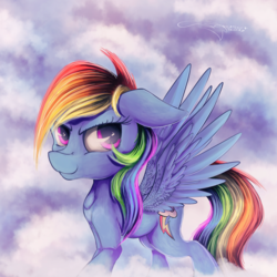 Size: 3000x3000 | Tagged: safe, artist:ferasor, rainbow dash, pegasus, pony, g4, cloud, female, floppy ears, high res, mare, multicolored hair, smiling, solo