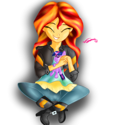 Size: 1800x2000 | Tagged: safe, artist:katakiuchi4u, sunset shimmer, twilight sparkle, equestria girls, g4, clothes, eyes closed, female, grin, hug, leggings, plushie, simple background, smiling, solo, transparent background