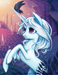 Size: 638x825 | Tagged: safe, artist:dinkelion, butterfly, pony, unicorn, beautiful, butterfly on horn, female, forest, horn, lady amalthea, mare, purple eyes, solo, the last unicorn, tree, white fur, white mane