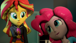 Size: 3840x2160 | Tagged: safe, artist:justjolly, pinkie pie, sunset shimmer, equestria girls, g4, 3d, clothes, high res, jacket, leather jacket