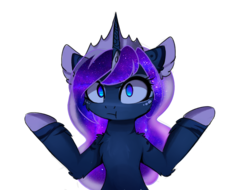 Size: 2050x1558 | Tagged: safe, artist:magnaluna, princess luna, pony, g4, :t, chest fluff, colored pupils, crown, ear fluff, female, floppy ears, galaxy mane, horn, jewelry, leg fluff, looking at you, mare, regalia, shrug, simple background, solo, transparent background