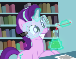 Size: 3200x2469 | Tagged: dead source, safe, artist:nevermattie, starlight glimmer, pony, unicorn, celestial advice, g4, bookshelf, chemistry, cute, female, flask, glimmerbetes, glowing horn, goggles, high res, horn, magic, mare, science, smiling, solo, teeth, telekinesis, test tube, this will end in science, vector